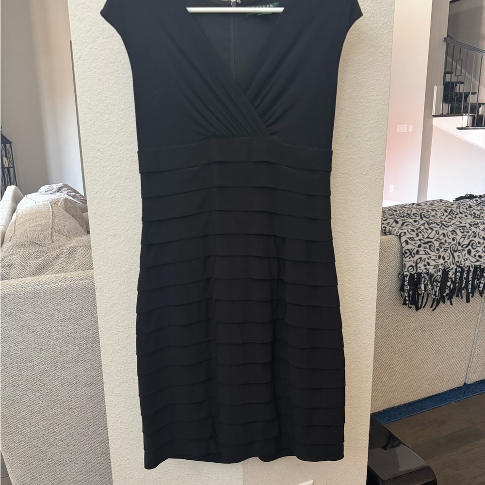 Ralph Lauren Black Pleaded V-Neck Sheath Midi Dress